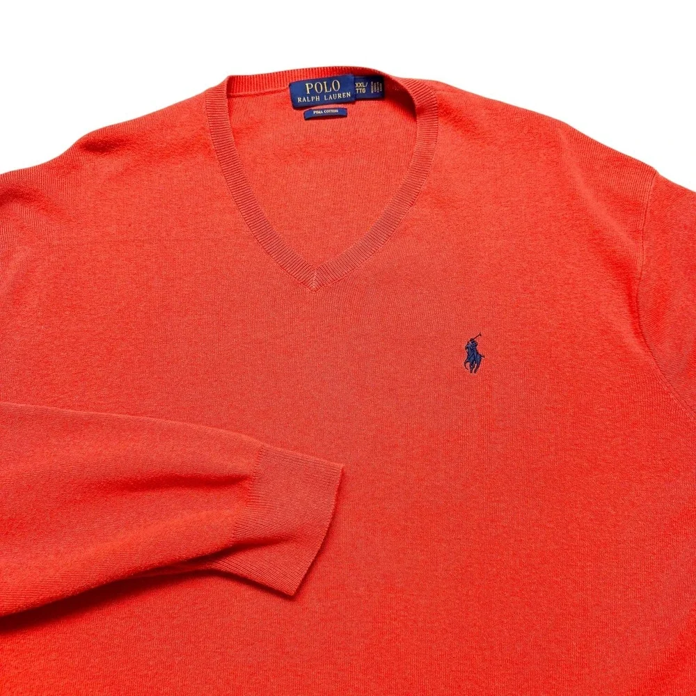 Polo Ralph Lauren‎ Sweater Mens 2XL Orange Pima Cotton V Neck Pullover Pony Logo